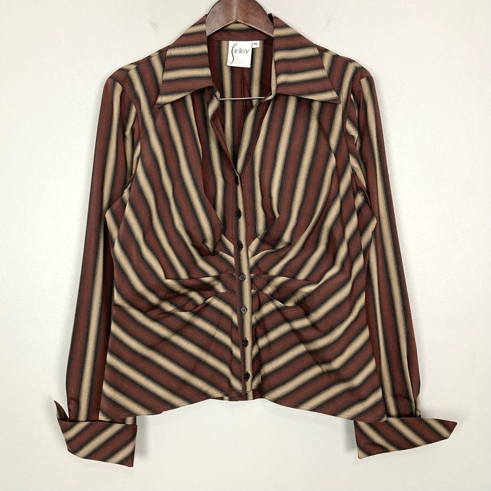 Finley Isis Ruched Waist Stripe Shirt Women’s Size XL Button Front Flip Cuffs